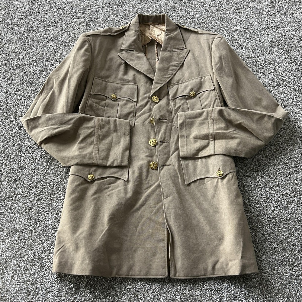 Vintage Army Blazer Mens Med 38 Beige Military Uniform Suit Jacket Gold Buttons